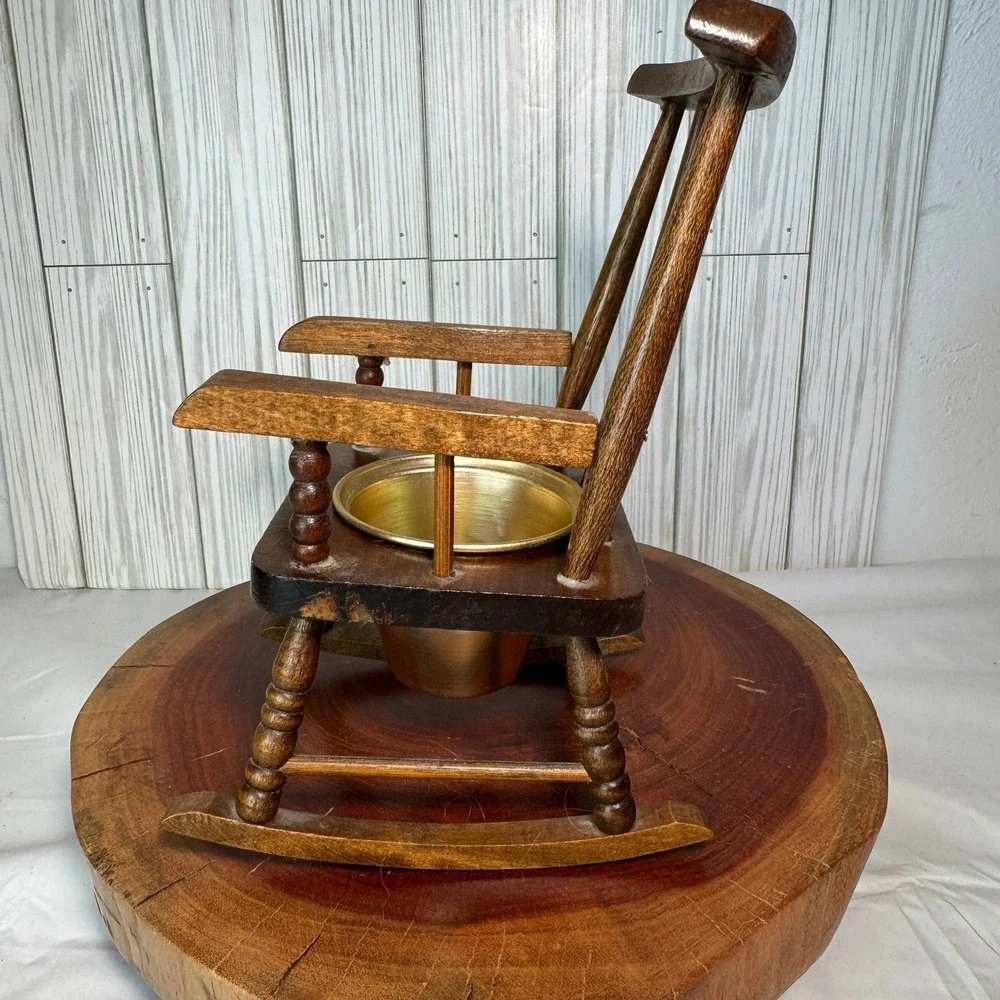 Vintage Miniature Wooden Rocking Potty Chair with Brass Insert Decor Planter